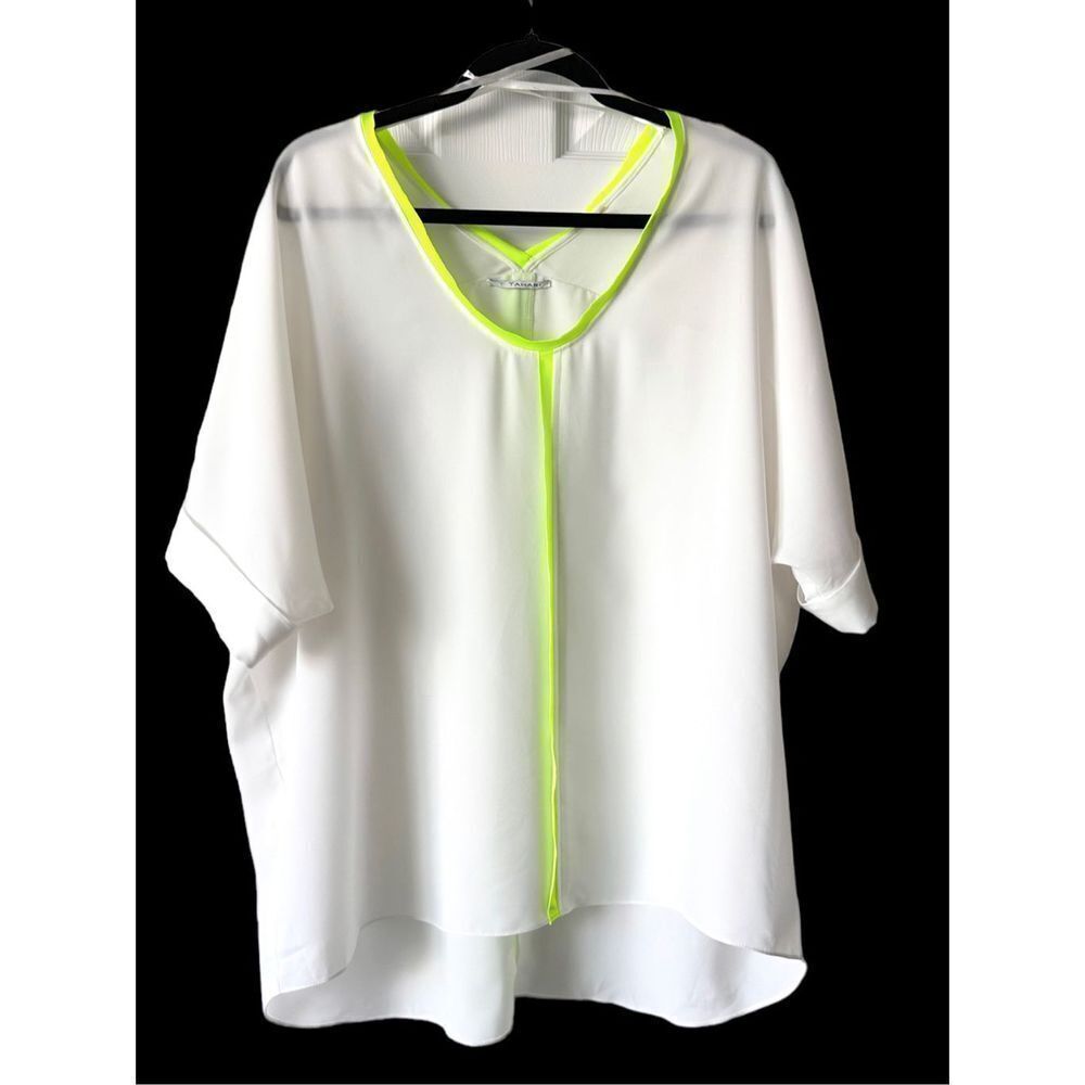 T Tahari Women's Micah Short Sleeve Neon Trim High Low Hem Top White Size Large - Picture 1 of 7